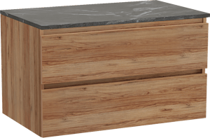 Balmani Lucida zwevend badmeubel 90 x 55 cm teakhout met Stretto enkel wastafelblad in marmer pietra grey