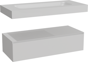 Balmani Mitra Elements hängendes Möbelstück Set: 120 x 55 cm, Weiß matt mit Arcato Einzelwaschtisch für 2 Armaturenlöcher, Solid Surface Weiß matt