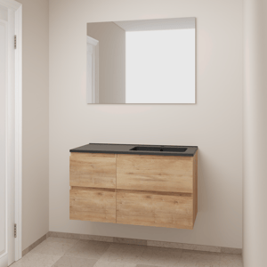 Linie Lado hängendes Möbelstück Set: 100 x 46 cm, Naturbelassene Eiche, mit Vano Waschtisch rechts, Marmorkomposit Schwarz matt und Soto Badspiegel