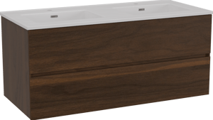 Storke Edge zwevend badmeubel 120 x 52 cm notenhout met Kera dubbele wastafel in porselein hoogglans wit