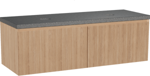 Balmani Fila hängendes Möbelstück Set: 150 x 55 cm, Naturbelassene Eiche, mit Rock Doppel Waschtischplatte, Granit, Schwarzes Granit, Vertikale symmetrische gerade Rippe
