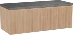 Balmani Fila hängendes Möbelstück Set: 135 x 55 cm, Naturbelassene Eiche, mit Rock Doppel Waschtischplatte, Granit, Schwarzes Granit, Vertikale symmetrische gerade Rippe