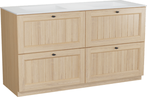 Balmani Lemon freistehendes Möbelstück Set: 150 x 55 cm, Naturbelassene Eiche Furnier, mit Tablo Stretto Doppelwaschtisch, Weiß matt