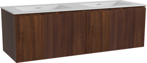 Storke Ribs zwevend badkamermeubel 150 x 52 cm notelaar met Mata dubbele wastafel in solid surface mat wit, Verticale symmetrische rechte ribbel