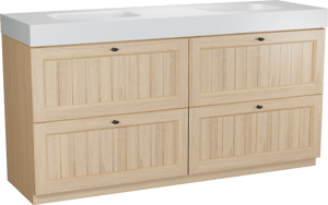 Balmani Lemon freistehendes Möbelstück Set: 180 x 55 cm, Naturbelassene Eiche Furnier, mit Arcato Doppelwaschtisch, Weiß matt