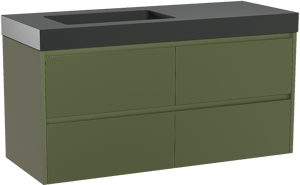 Storke Seda zwevend badkamermeubel 130 x 52 cm olijfgroen met Scuro High asymmetrisch linkse wastafel in kwarts mat zwart