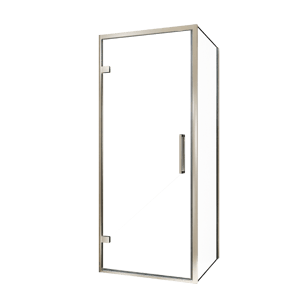 Balmani Senses Design douche en coin avec porte pivotante à gauche et paroi latérale fixe, 90 x 90 cm, Verre transparent, Profil Brushed CoolMetal, coating inclus