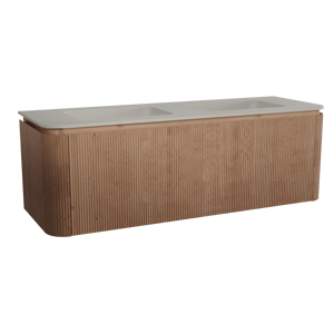 Balmani Moon meuble salle de bains suspendu 160 x 55 cm chêne naturel avec Moon double vasque en top solid soie grise, Nervure droite symétrique verticale