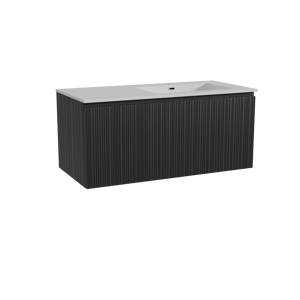 Storke Ribs meuble salle de bains suspendu 110 x 52 cm chêne noir avec Diva plan vasque asymétrique à droite en marbre composite blanc brillant, Nervure droite asymétrique verticale