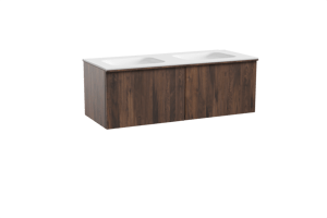 Balmani Forma zwevend badkamermeubel 135 x 55 cm amerikaanse notelaar met Tablo Arcato dubbele wastafel in solid surface mat wit, Verticale symmetrische rechte ribbel