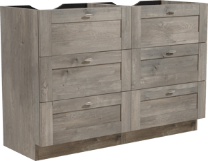 Linie Classo stehender Waschbeckenunterschrank: 120 x 46 cm, graue Eiche 6 Schubladen 2 Siphonaussparungen