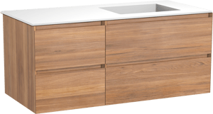 Balmani Mitra zwevend badkamermeubel 120 x 55 cm teak met Tablo Stretto asymmetrisch rechtse wastafel in solid surface mat wit