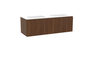 Balmani Sfera hängendes Möbelstück Set: 150 x 55 cm, Amerikanischer Nussbaum, mit Tablo Strada Doppelwaschtisch, Marmorkomposit Weiß matt