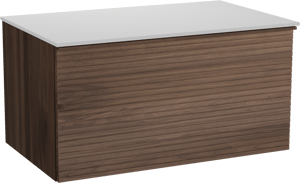 Balmani Forma hängendes Möbelstück Set: 90 x 55 cm, Amerikanischer Nussbaum, mit Stretto Einzel Waschtischplatte, Solid Surface, Weiß matt, Horizontale symmetrische gerade Rippe