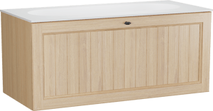 Balmani Lemon hängendes Möbelstück Set: 120 x 55 cm, Naturbelassene Eiche Furnier, mit Tablo Oval Einzelwaschtisch für 2 Armaturenlöcher, Weiß matt