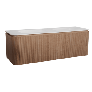 Balmani Moon meuble salle de bains suspendu 160 x 55 cm chêne naturel avec Moon double vasque en solid surface blanc mat, Nervure droite symétrique verticale