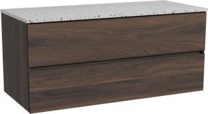 Storke Edge zwevend badmeubel 120 x 52 cm notenhout met Tavola enkel of dubbel wastafelblad in mat wit/zwart terrazzo