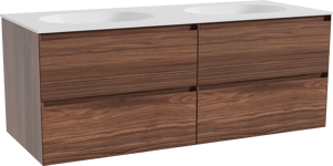 Balmani Mitra zwevend badmeubel 135 x 55 cm notenhout met Tablo Oval dubbele wastafel in solid surface mat wit