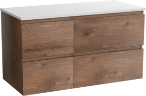 Linie Lado hängendes Möbelstück Set: 100 x 46 cm, Braune Eiche, mit Lado Einzel- oder Doppel Waschtischplatte, Marmorkomposit Weiß glänzend