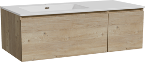 Storke Edge zwevend badmeubel 110 x 52 cm ruw eiken met Diva asymmetrisch linkse wastafel in composietmarmer hoogglans wit