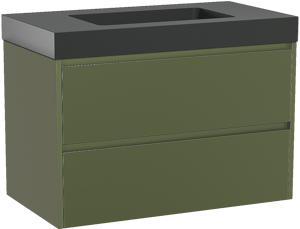 Storke Seda zwevend badkamermeubel 95 x 52 cm olijfgroen met Scuro High enkele wastafel in kwarts mat zwart