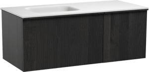 Balmani Forma hängendes Möbelstück Set: 120 x 55 cm, Schwarze Eiche, mit Tablo Arcato Waschtisch links, Solid Surface, Weiß matt, Vertikale symmetrische gerade Rippe