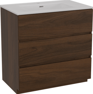 Storke Edge staand badmeubel 85 x 52 cm notenhout met Kera enkele wastafel in porselein hoogglans wit