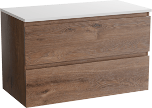 Linie Lado hängendes Möbelstück Set: 90 x 46 cm, Braune Eiche, mit Lado Einzel Waschtischplatte, Marmorkomposit Weiß glänzend