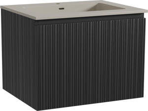 Storke Ribs zwevend badkamermeubel 65 x 52 cm zwarte eik met Diva enkele wastafel in top solid zijdegrijs, Verticale asymmetrische rechte ribbel