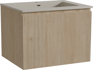 Storke Ribs zwevend badmeubel 65 x 52 cm ruw eiken met Diva enkele wastafel in top solid zijdegrijs, Verticale symmetrische rechte ribbel