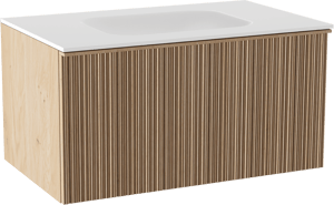 Balmani Forma meuble salle de bains suspendu 90 x 55 cm chêne naturel avec Tablo Arcato plan simple en solid surface blanc mat, Nervure circulaire asymétrique verticale