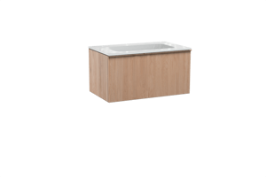 Balmani Forma hängendes Möbelstück Set: 90 x 55 cm, Naturbelassene Eiche, mit Tablo Strada Einzelwaschtisch, Marmorkomposit, Weiß glänzend, Vertikale symmetrische gerade Rippe