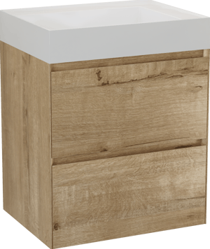 Balmani Mitra Compact zwevend badmeubel 60 x 46 cm ruw eiken met Argila asymmetrisch linkse wastafel composietmarmer hoogglans wit