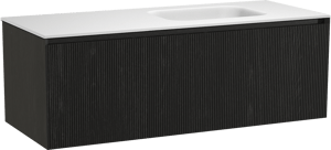 Balmani Fila zwevend badmeubel 135 x 55 cm zwart eiken met Tablo Arcato asymmetrisch rechtse wastafel in solid surface mat wit, Verticale symmetrische rechte ribbel