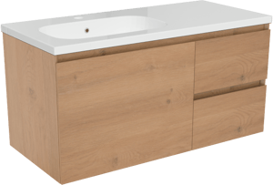 Storke Edge zwevend badmeubel 100 x 46 cm ruw eiken met Planza asymmetrisch linkse wastafel in composietmarmer hoogglans wit