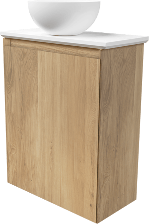 Balmani Mitra hängendes WC-Möbel-Set, 42 x 21 cm, Eiche Natur, mit Facetta Waschtischplatte und Jazz Aufsatzbecken in mattem Solid Surface