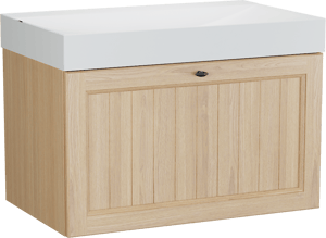 Balmani Lemon hängendes Möbelstück Set: 90 x 55 cm, Naturbelassene Eiche Furnier, mit Wave Einzelwaschtisch, Weiß matt