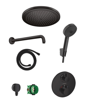 Hansgrohe Ecostat S Duschsystem: Unterputz, inkl. Thermostat-Duscharmatur, inkl. Duschkopf, 28cm Schwarz Matt