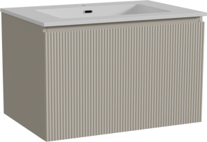 Storke Ribs meuble salle de bains suspendu 75 x 52 cm soie grise avec Diva plan simple en marbre composite blanc brillant, Nervure droite symétrique verticale
