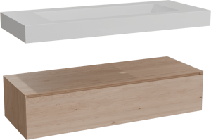 Balmani Mitra Elements hängendes Möbelstück Set: 135 x 55 cm, Naturbelassene Eiche mit Modus Einzelwaschtisch für 2 Armaturenlöcher, Solid Surface Weiß matt