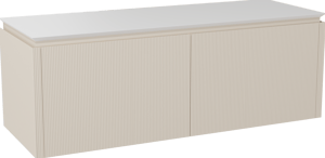 Balmani Eclips zwevend badkamermeubel 150 x 55 cm Sandbeige met Eclips enkele of dubbele tablet in Solid Surface mat wit, Verticale symmetrische rechte ribbel