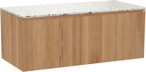 Balmani Idra by Mitra hängendes Möbelstück Set: 120 x 55 cm, Teak, mit Stretto Einzel- oder Doppel Waschtischplatte, Terrazzo in Weiß/Schwarz matt