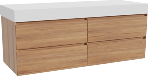 Balmani Mitra zwevend badkamermeubel 150 x 55 cm teak met Dominus enkel of dubbel tablet in solid surface mat wit