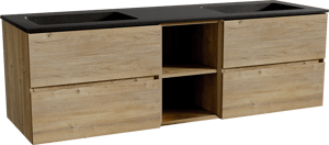Storke Edge zwevend badkamermeubel 165 x 52 cm ruwe eik met Scuro dubbele wastafel in kwarts mat zwart
