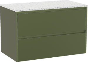 Storke Seda zwevend badmeubel 95 x 52 cm olijfgroen met Tavola enkel wastafelblad in mat wit/zwart terrazzo