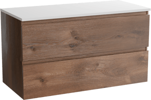 Linie Lado hängendes Möbelstück Set: 100 x 46 cm, Braune Eiche, mit Lado Einzel- oder Doppel Waschtischplatte, Marmorkomposit Weiß matt