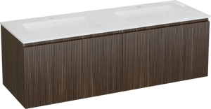 Storke Ribs zwevend badkamermeubel 150 x 52 cm notelaar met Bilia dubbele wastafel in composietmarmer glanzend wit, Verticale symmetrische rechte ribbel