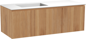 Balmani Idra zwevend badkamermeubel 135 x 55 cm teak met Tablo Stretto asymmetrisch linkse wastafel in solid surface mat wit