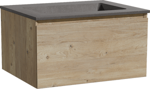 Storke Edge zwevend badkamermeubel 65 x 52 cm ruwe eik met Scuro enkele wastafel in kwarts mat zwart
