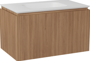 Balmani Eclips hängendes Möbelstück Set: 90 x 55 cm, Teak, mit Eclips Einzelwaschtisch Solid Surface Weiβ matt, Vertikale symmetrische gerade Rippe